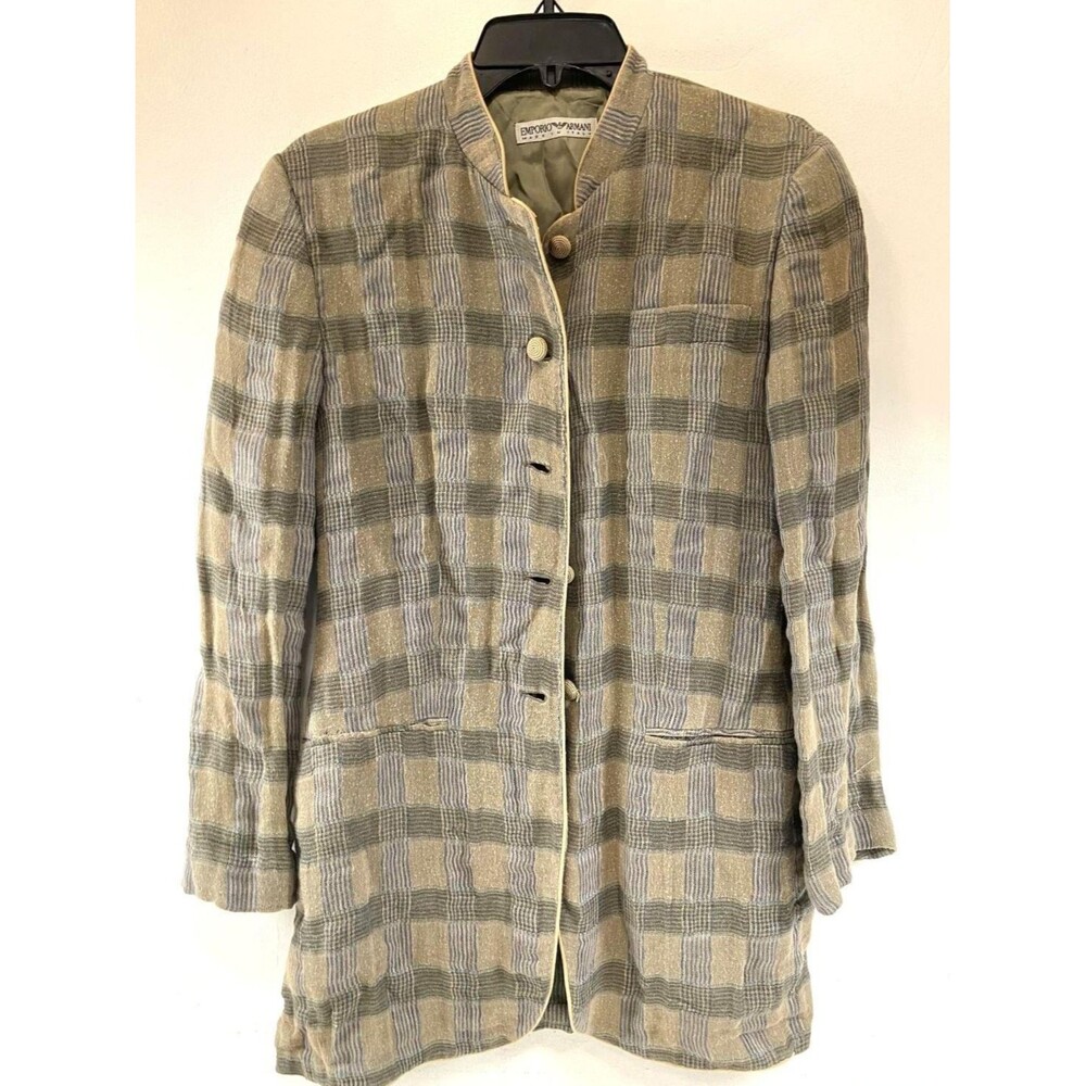 Armani Vintage Plaid Linen Blazer Jacket Women Size 42 Longline COA